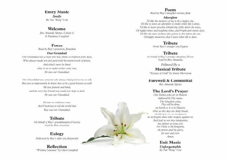 This is an image of order of service for funerals examples