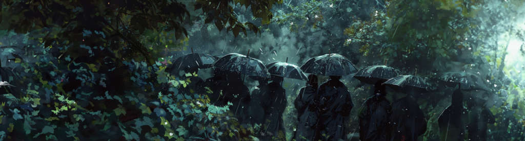 A row of mourners holding black umbrellas in a lush, rain-soaked forest adorned with vibrant green foliage.
