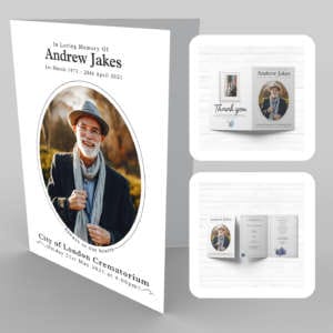 A funeral program template with a photo of an old man, adorned with 1 Forget Me Not Flowers.