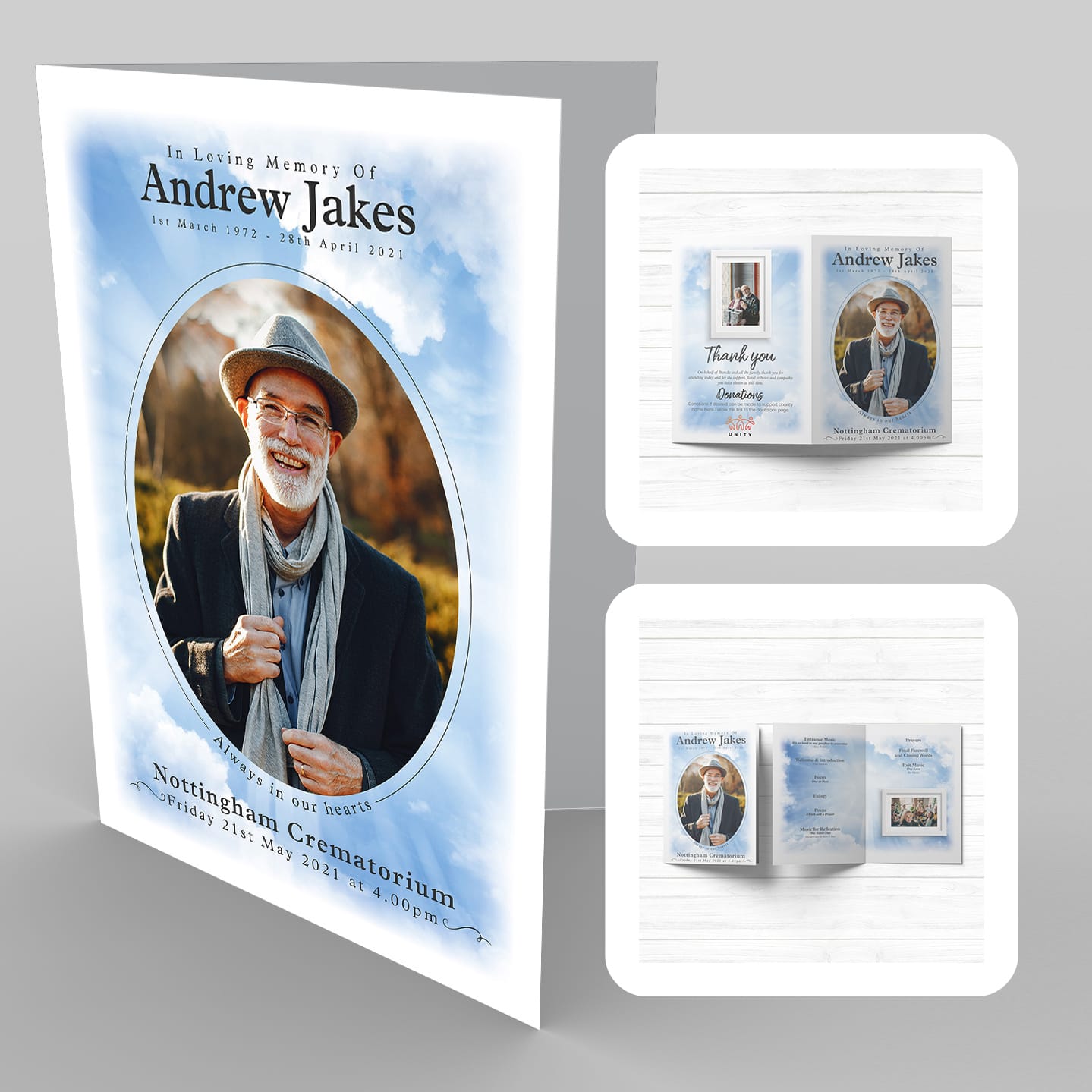 A brochure with a picture of a man against a backdrop of 10 Clouds, Sky & Light.