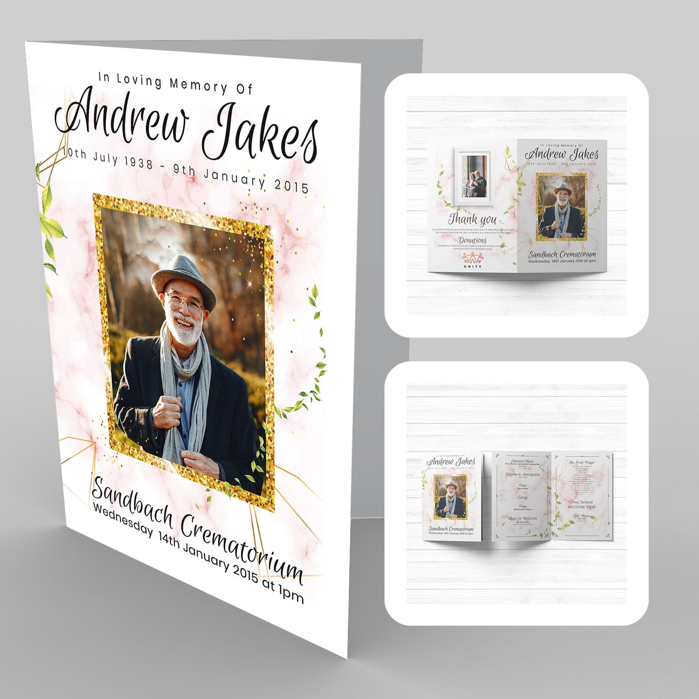 A brochure with a picture of a man framed in 11 Gold Frame.