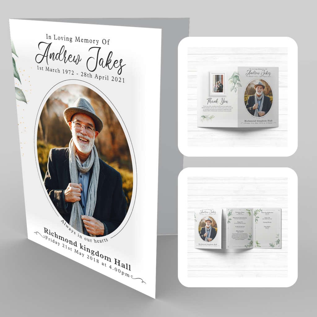 A funeral program template with an 11b Foliage Dream, Grey Watercolour image of an old man.