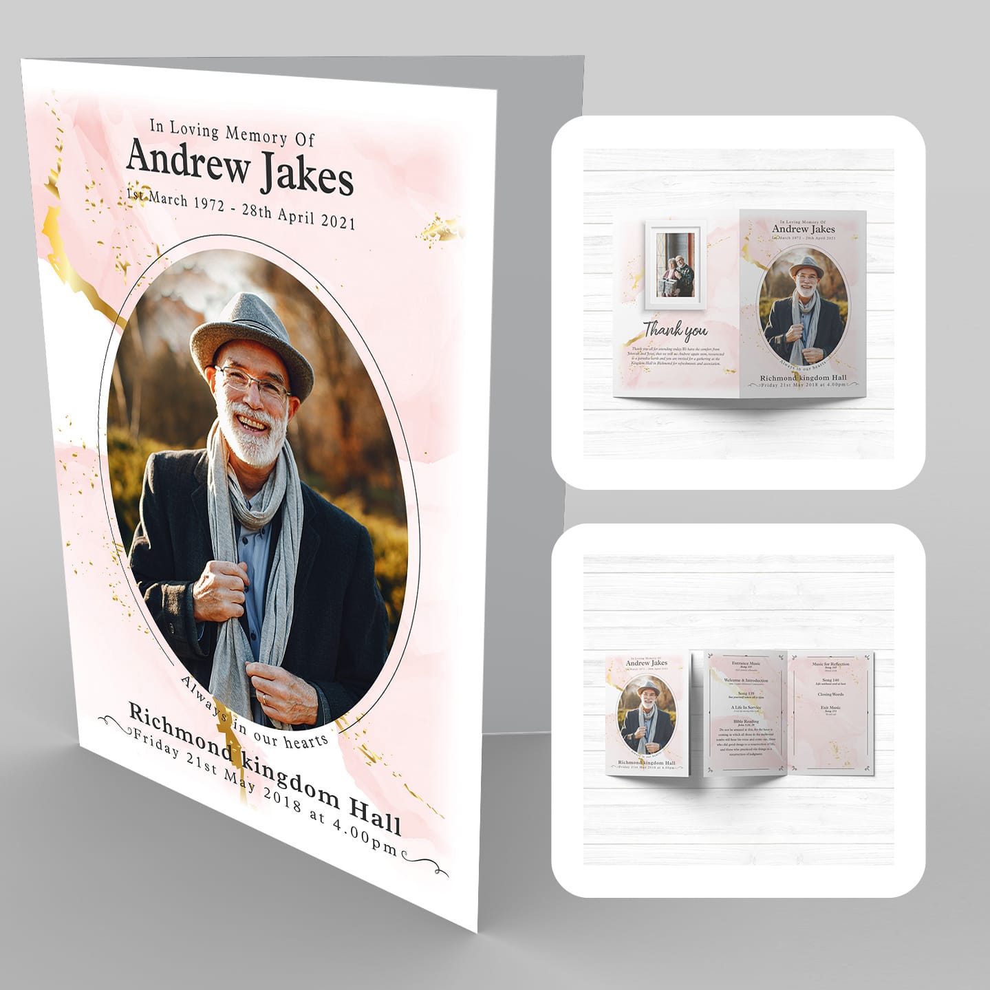 A funeral program template with a photo of an old man and 12a Marble, Hints of Gold accents.