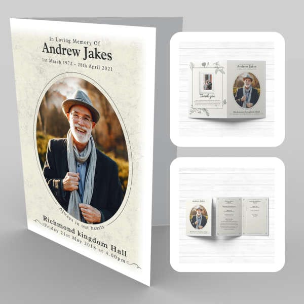 A funeral program template with a photo of a man in a hat, featuring 13a Sand Fades with Nature that evoke the serene beauty of nature.
