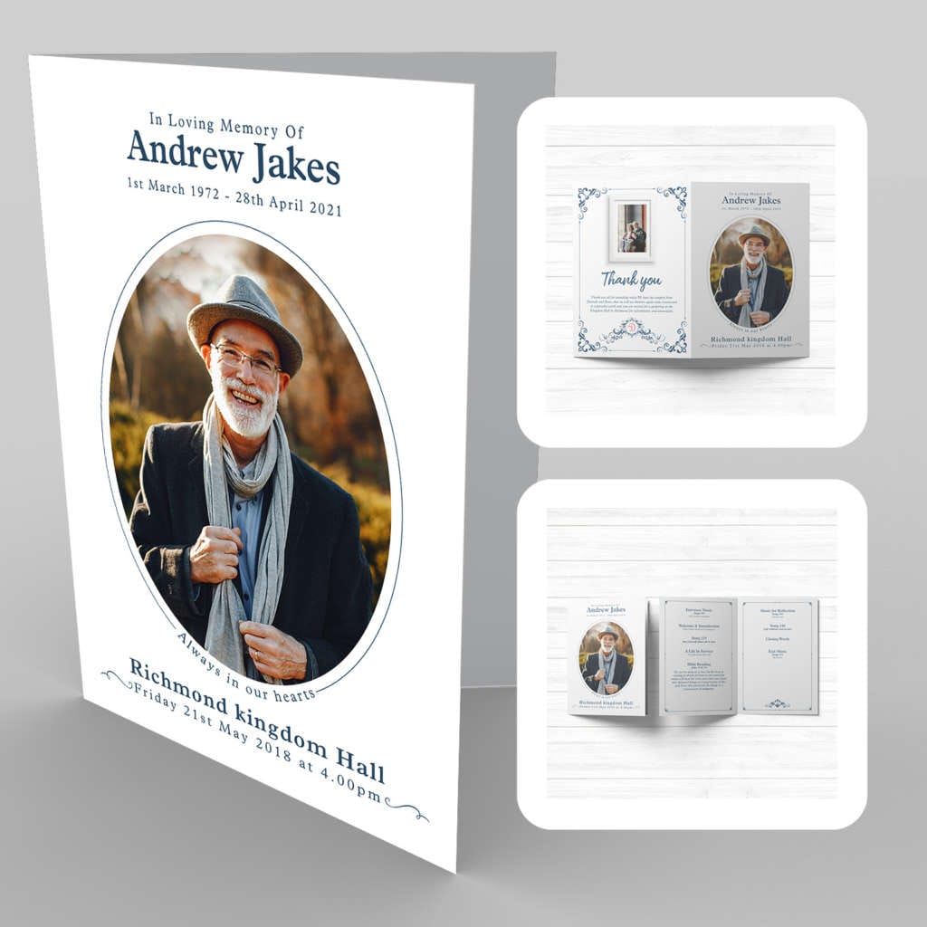 A funeral program template with 13b Navy Blue Delicate Frames and an image of a man in a hat.
