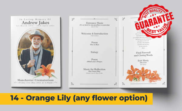 Orange lily design, classic and simple style funeral order of service template