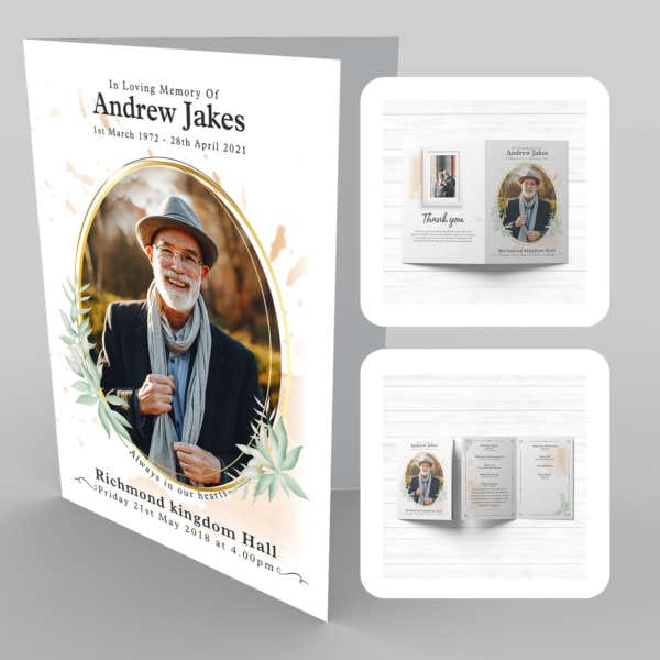 A funeral program template with a photo of an old man, enhanced by 14b Tangerine and Delicate Green accents.
