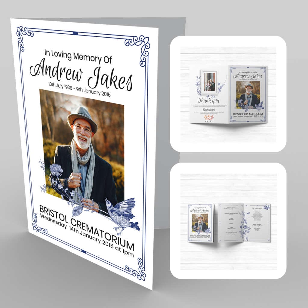 A funeral program template with a photo of an old man, surrounded by 15 Intricate Nature, Birds & Flowers.