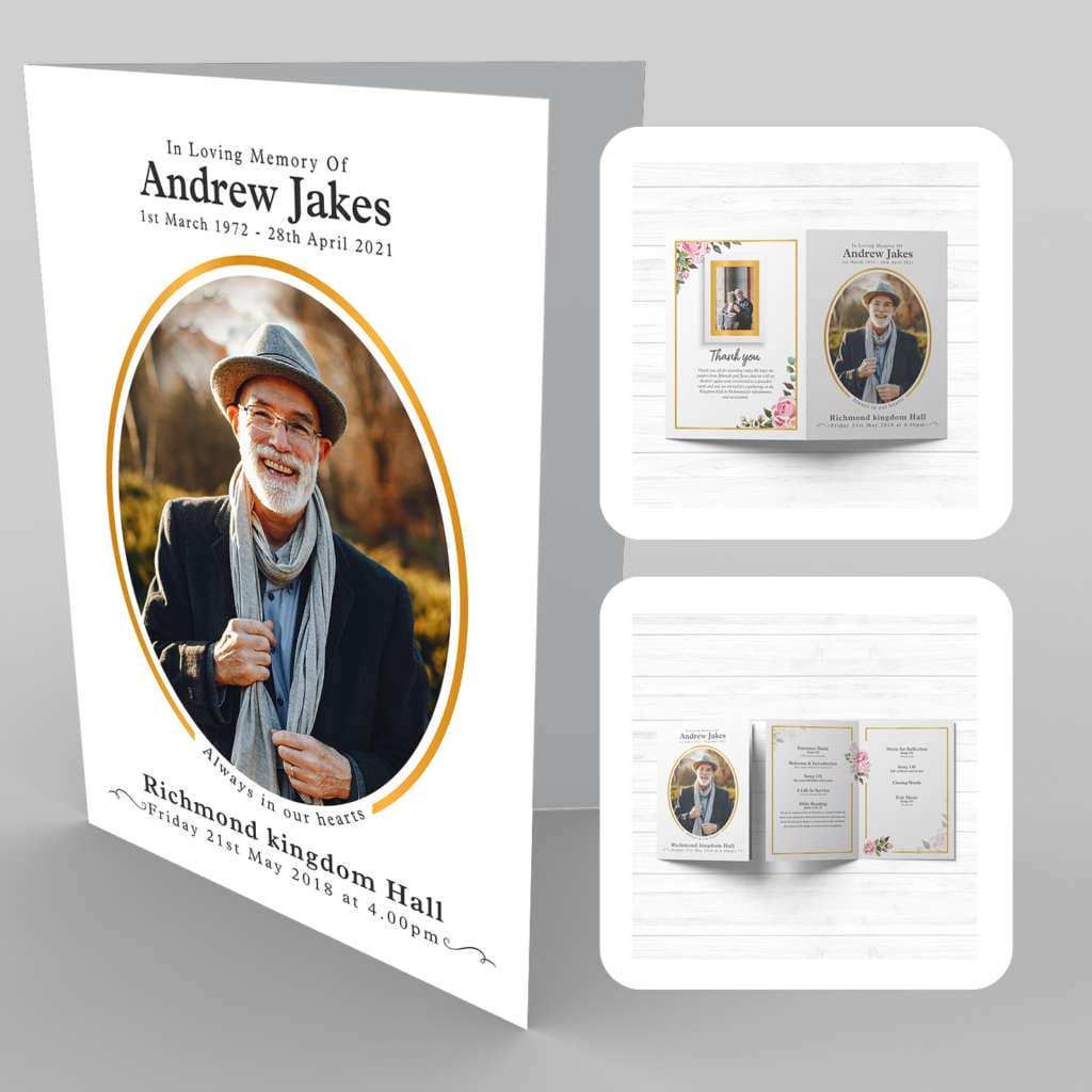 Andrew Jakes funeral program template featuring a 15a Bright Pink Rose Illustration.