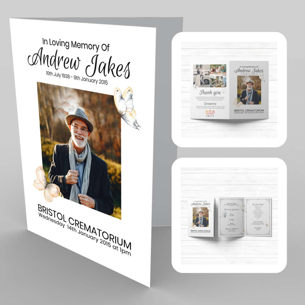 A funeral program template featuring a classic image of an old man with a 17 Yellow Flower, Classic.