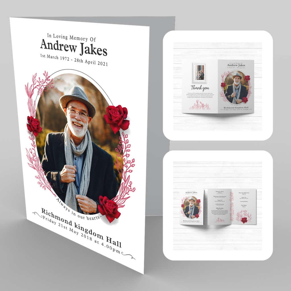 A funeral program template with a photo of an old man and a 16b Red Rose & Floral Print.