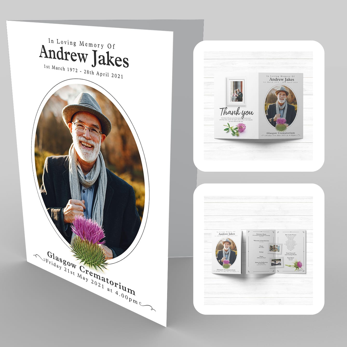 Andrew Jakes 18 Scottish Thistle funeral program template.