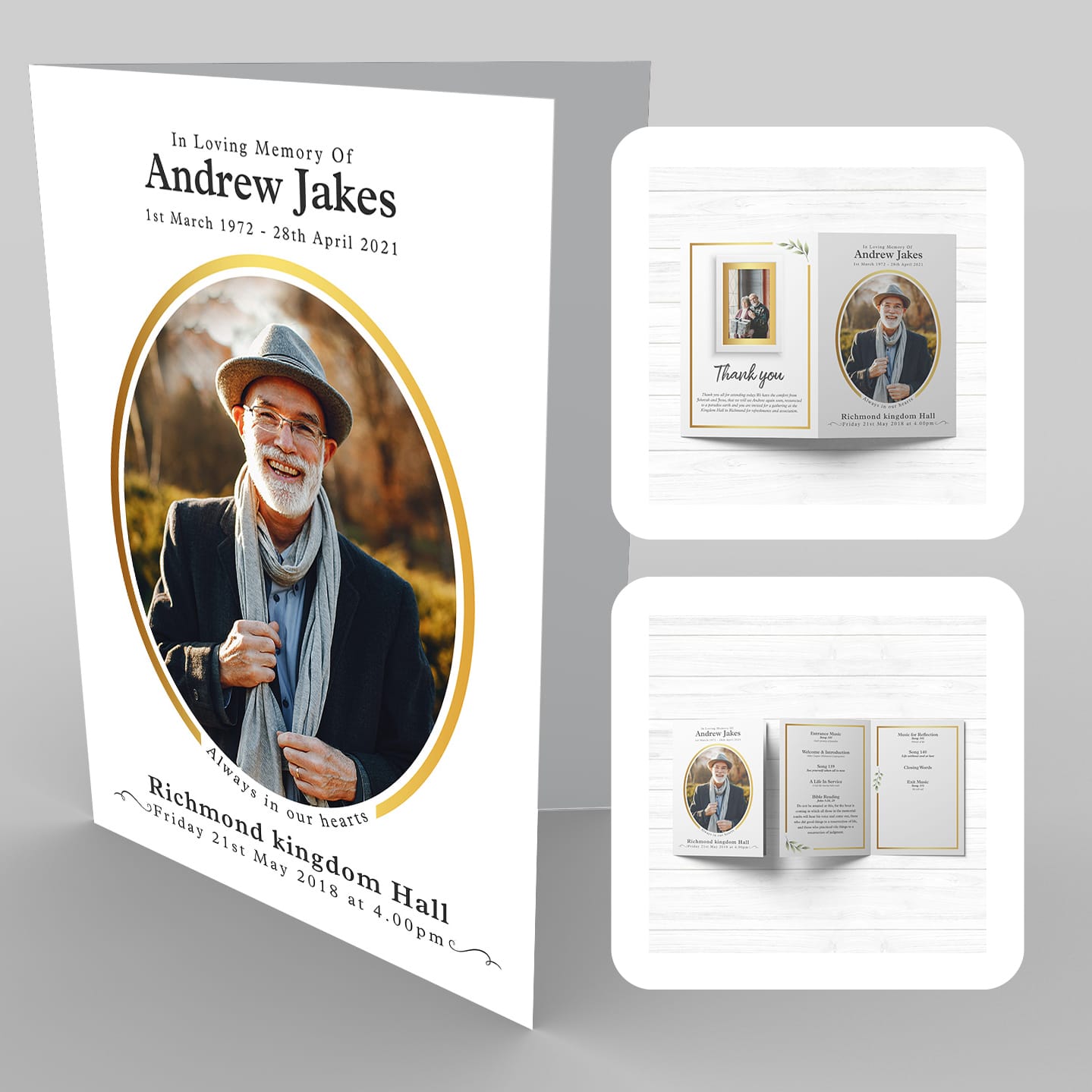 A funeral program template with a photo of an old man, encased in an 18a Gold Frame, Delicate Foliage.