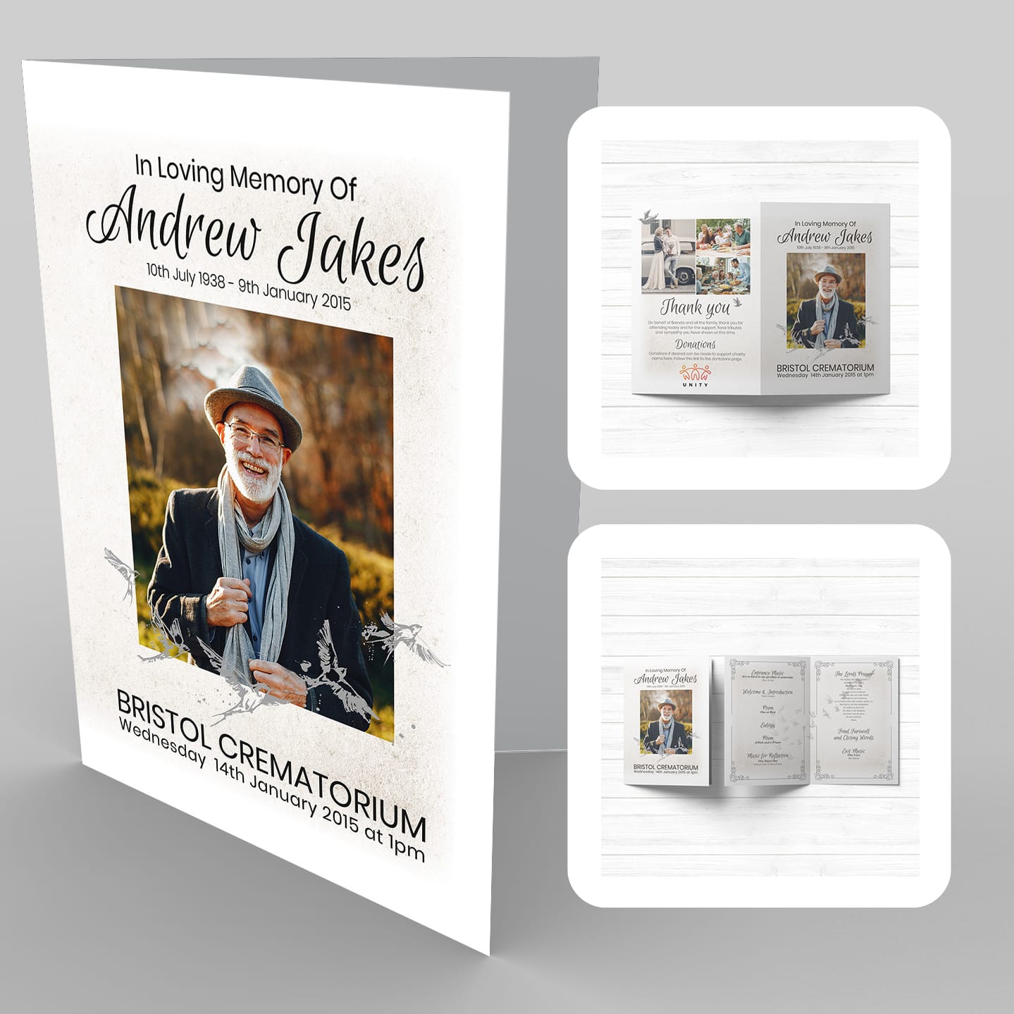 A brochure with a 20 Birds, delicate frame and a picture of a man.
