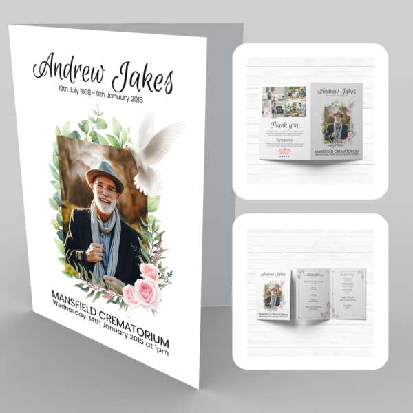 A funeral program template with a photo of an old man and a 22 Pink Rose and Doves.