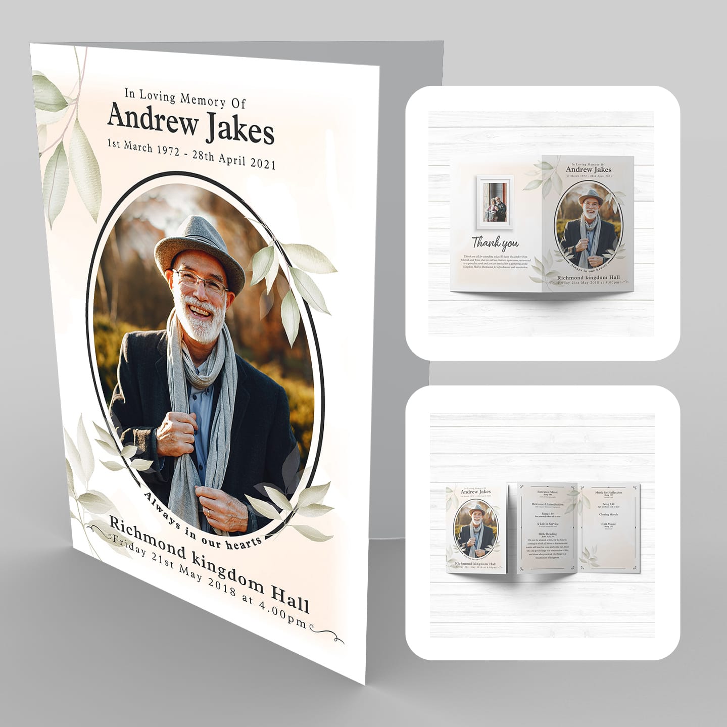 A funeral program template with a photo of an old man in 22a Delicate Sand Wash.