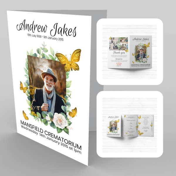 A funeral program template with a photo of a man and a 23 Gold Butterfly, White Rose.