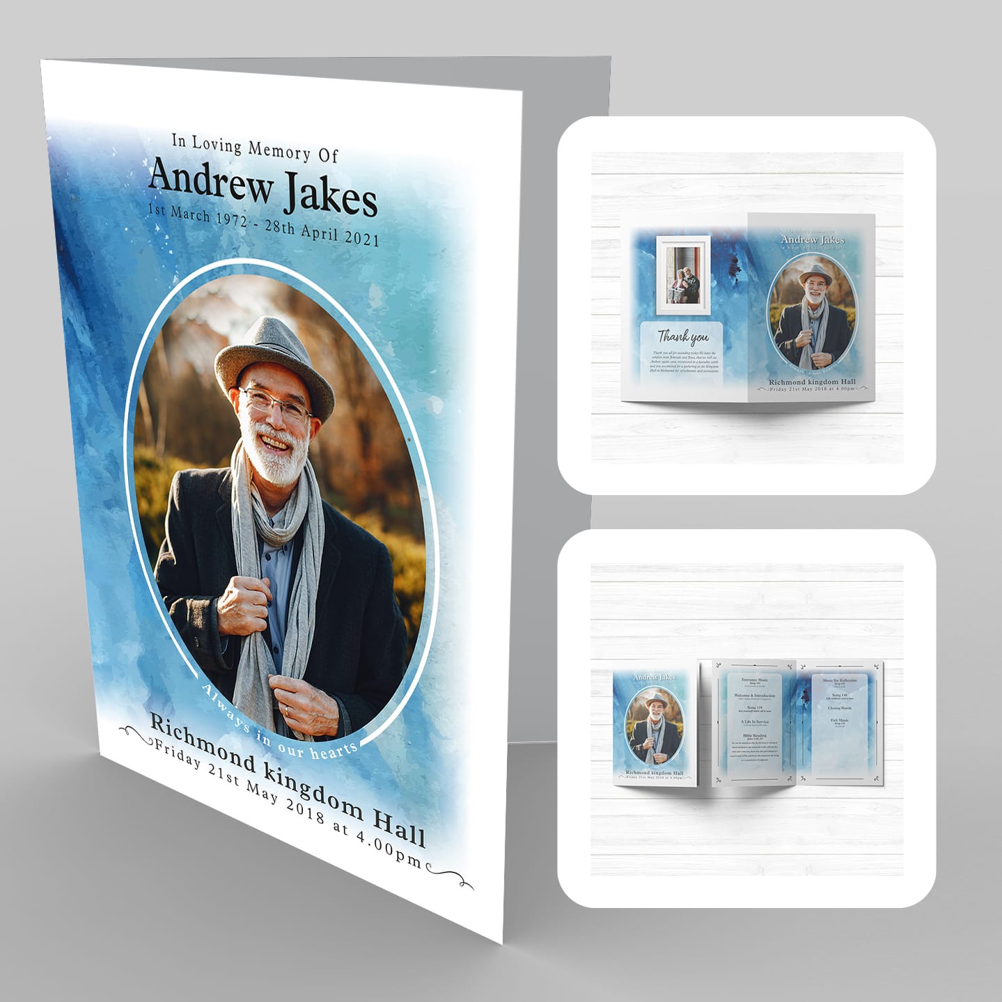 A funeral program with an image of a man in a 24a Navy Blue Watercolour shirt.