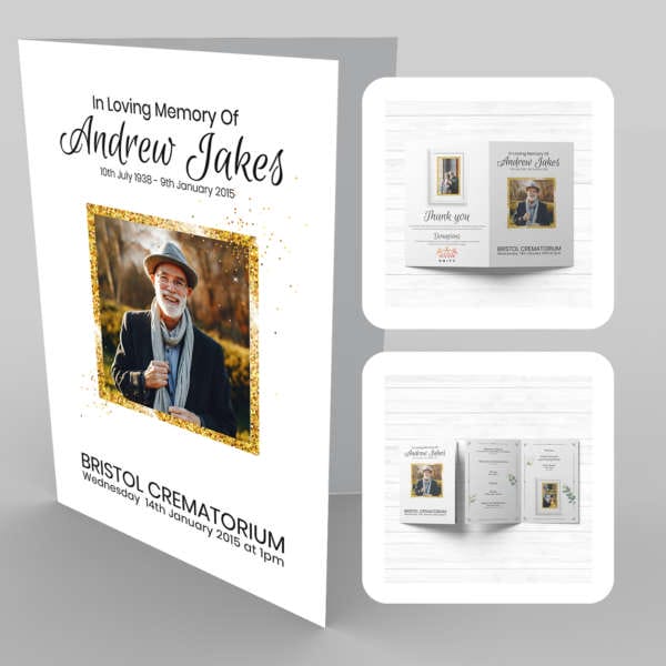 A funeral program template with a 25 Sparkling Gold Frame and a photo of a man and a woman.