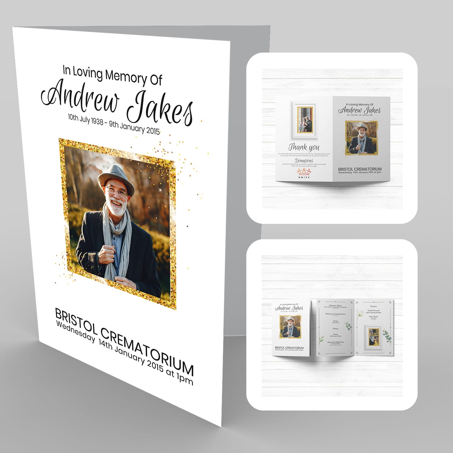 A funeral program template with a 25 Sparkling Gold Frame and a photo of a man and a woman.