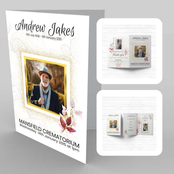 A funeral program template with a photo of an old man, featuring 26 Gold and Floral Highlights.