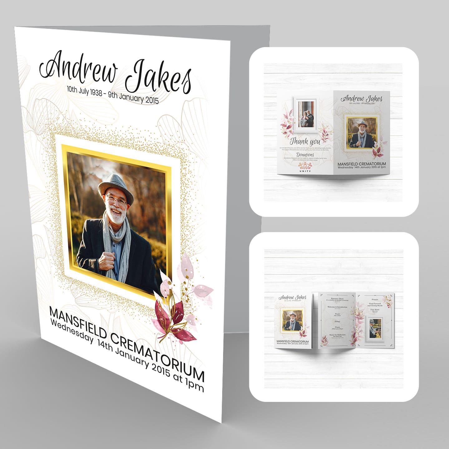 A funeral program template with a photo of an old man, featuring 26 Gold and Floral Highlights.