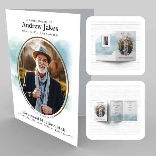 A funeral program template with a 26a Bronze with Watercolour image of a man in a hat.