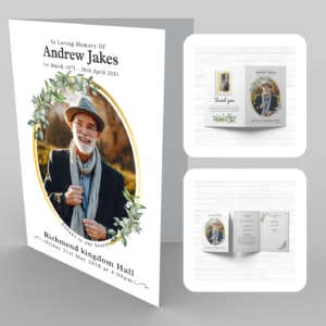 A funeral program template with a photo of an old man in a 2b Gold Frame, Hints of Green.