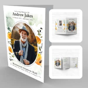 A funeral program template with an image of a man in a hat, accented with 3b Yellow and Green Hues.