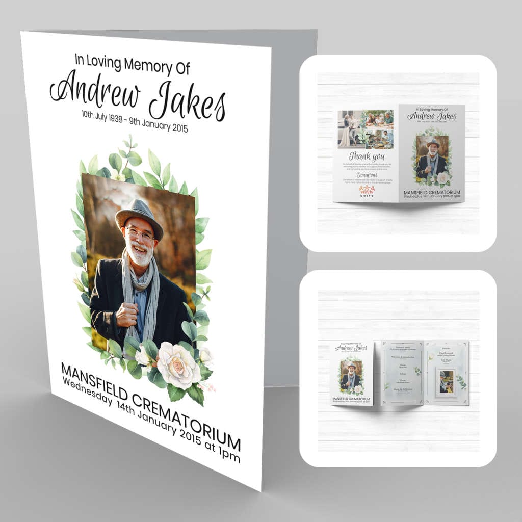 A funeral program template with an image of a man and a woman, featuring 5 Delicate White Flowers, Green.