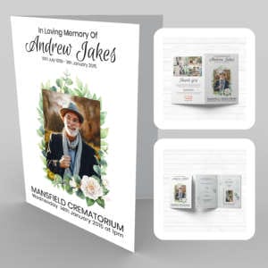 A funeral program template with an image of a man and a woman, featuring 5 Delicate White Flowers, Green.