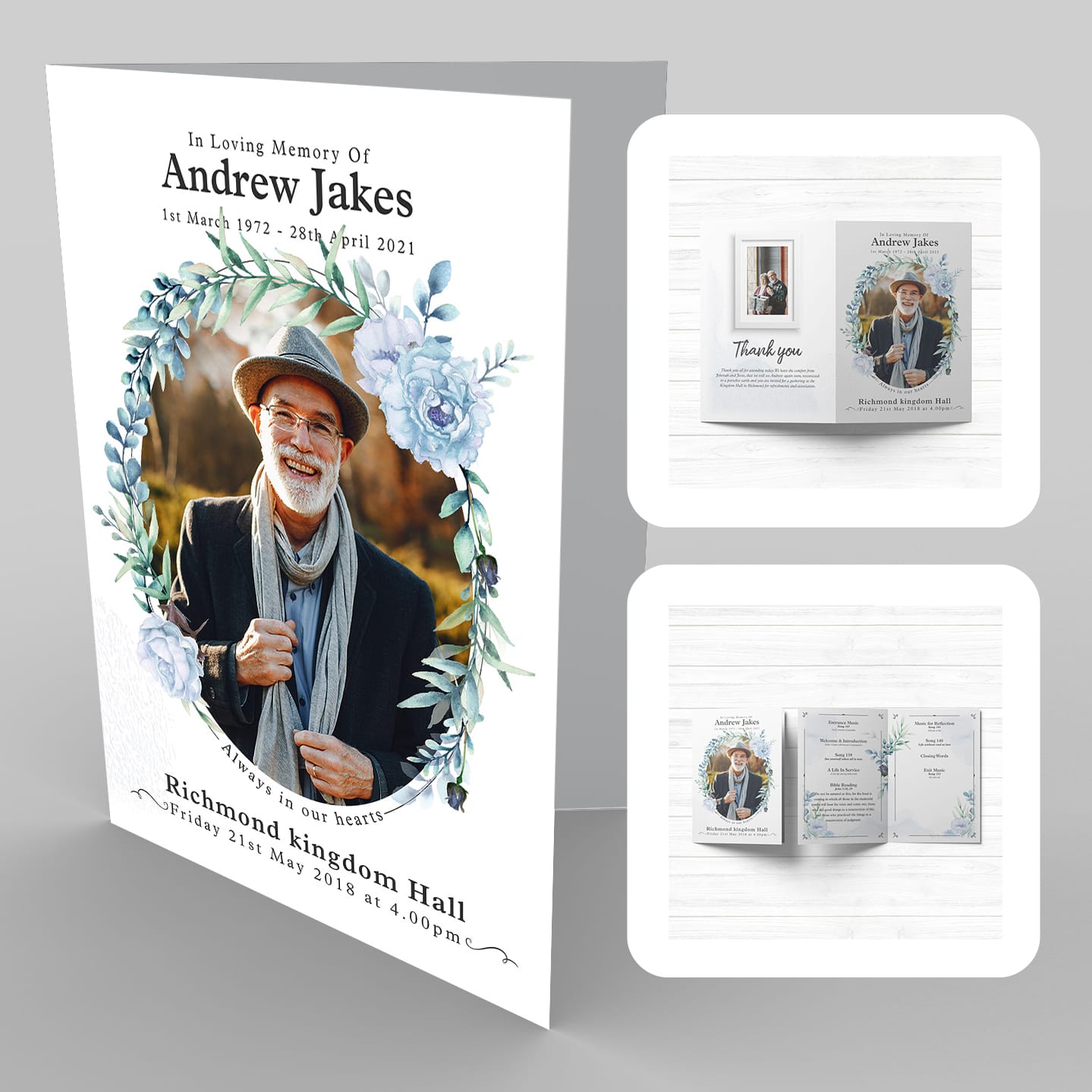 A brochure with a Watercolour painting of a man.