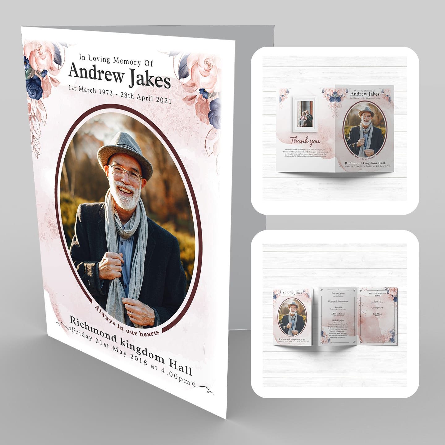 A brochure with a picture of a man and a 6a Burgundy Floral Wash background.