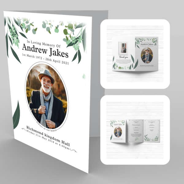 A funeral program template with an image of a man and 8b Stylised Green Foliage.