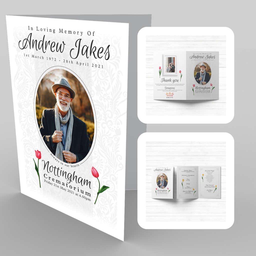 A funeral program template with a photo of an old man and 9 Delicate Tulips.