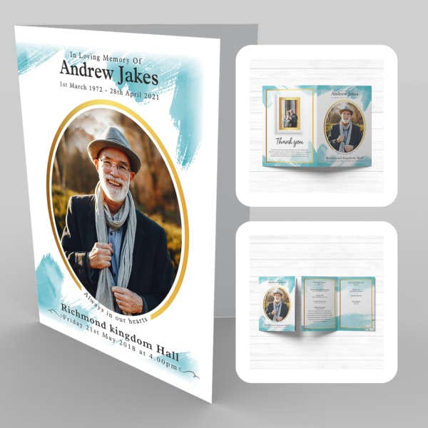 A funeral program template with an image of an old man in a 9a Turquoise Wash, Gold Frame.