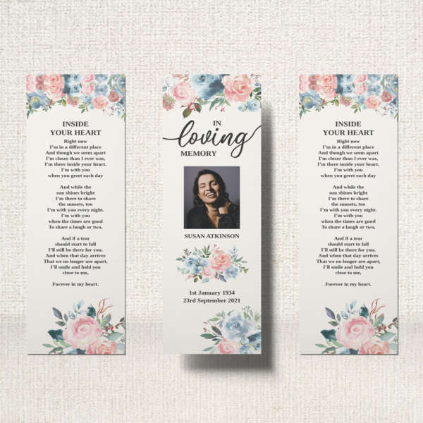 Funeral Bookmark highlighted by primroses