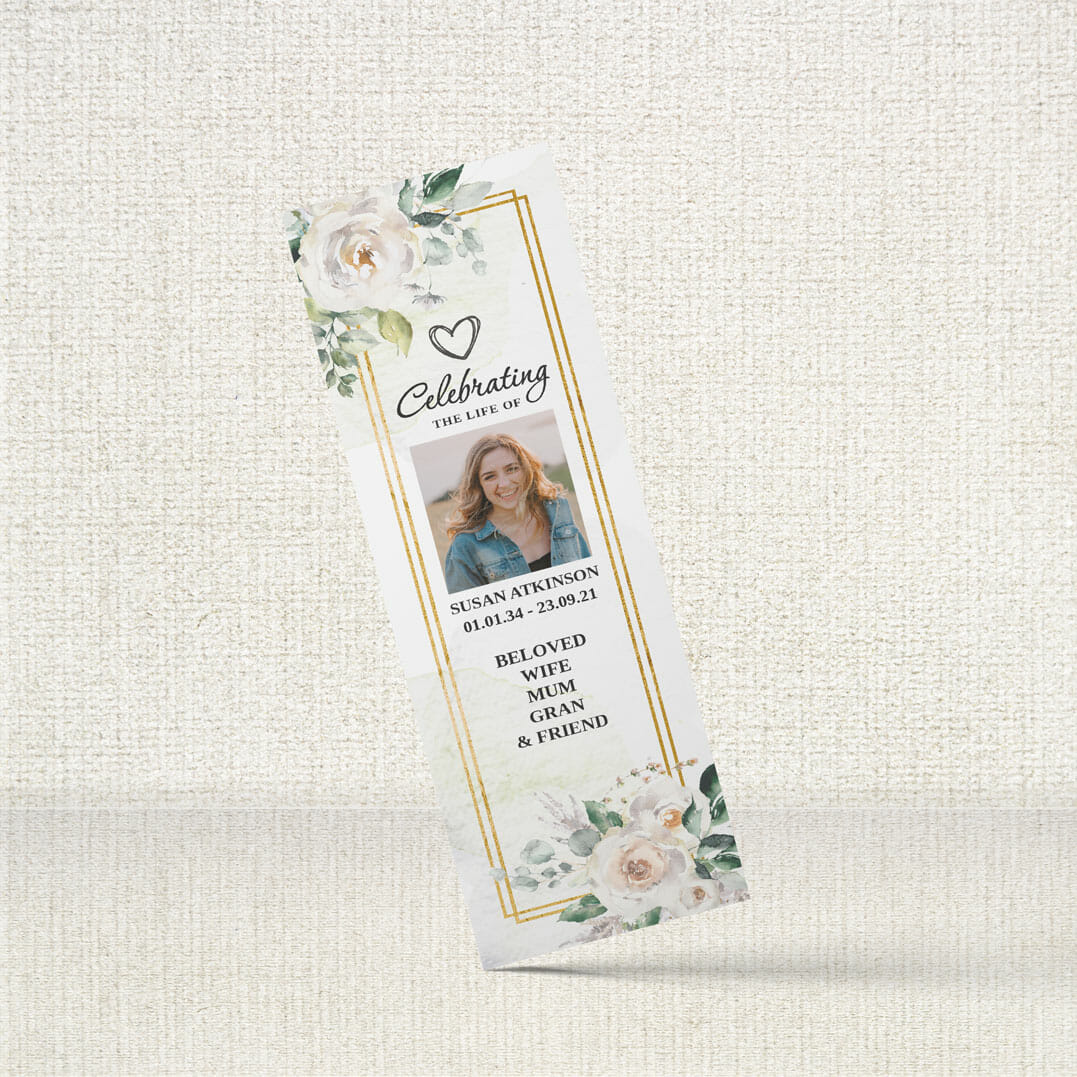 Funeral Bookmark with a centrepiece of hollyhocks