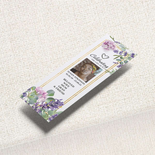 Funeral Bookmark with a pattern of pansies.