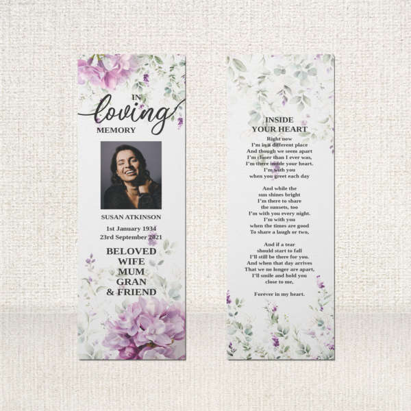 Funeral Bookmark highlighted by a spray of lavender