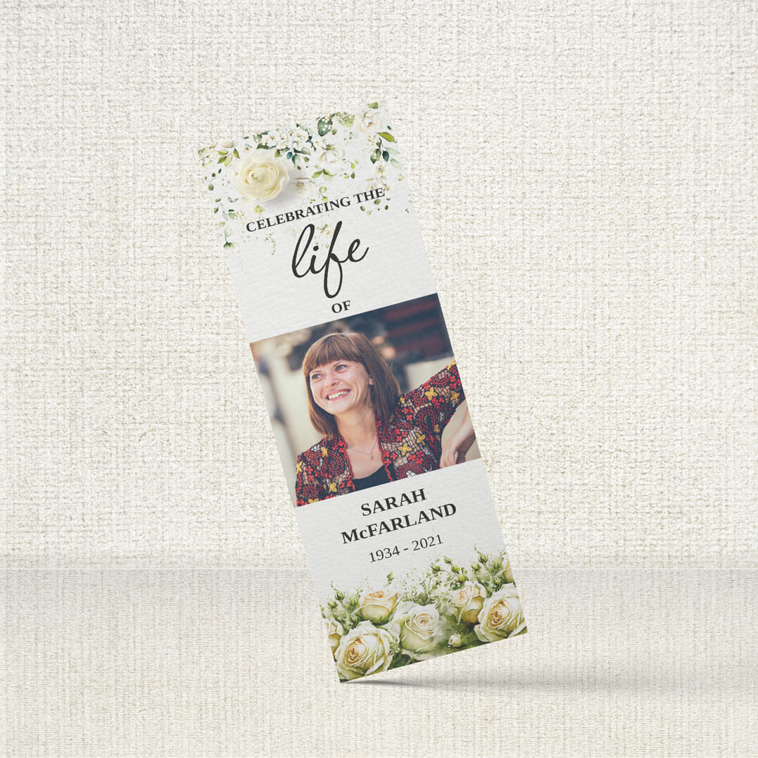 Funeral Bookmark featuring a cascade of bluebells.