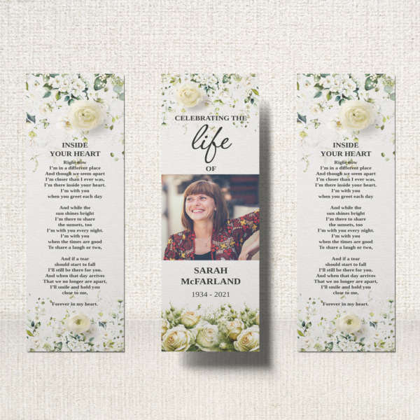 Funeral Bookmark adorned with delicate roses