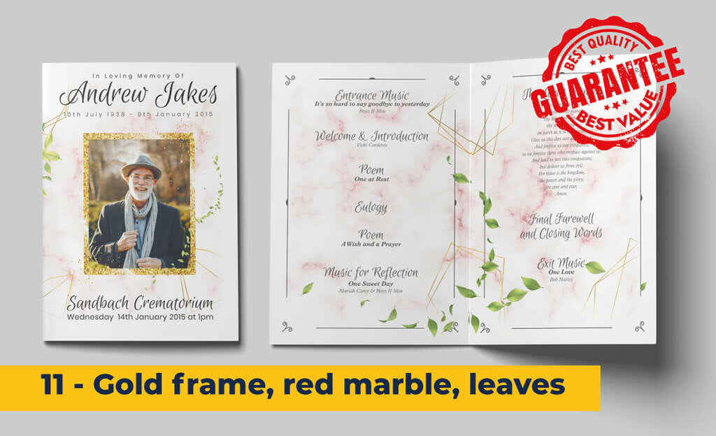 Gold frame with delicate leaves and red marble background funeral order of service template