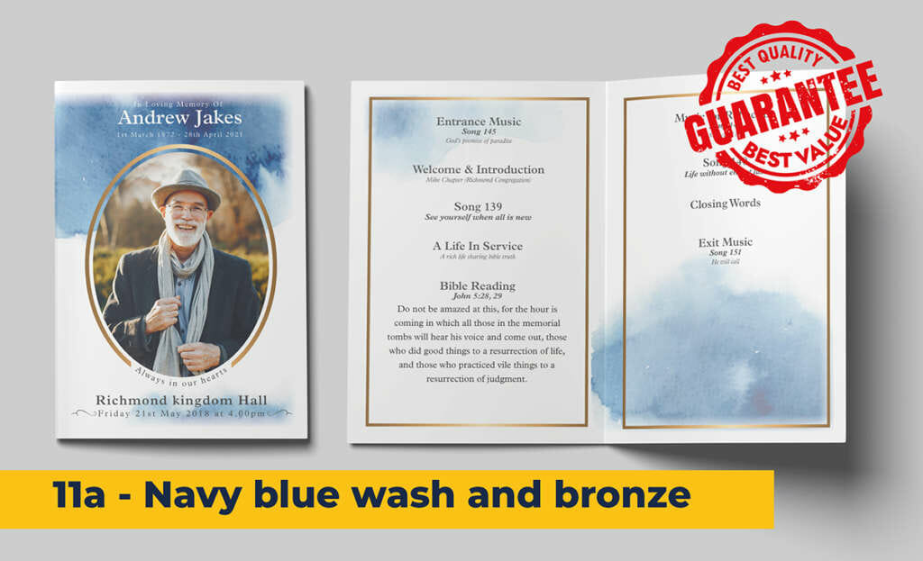striking blue watercolour wash with bronze frame design funeral order of service template