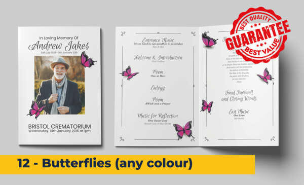 Classic design and purple butterflies funeral order of service template