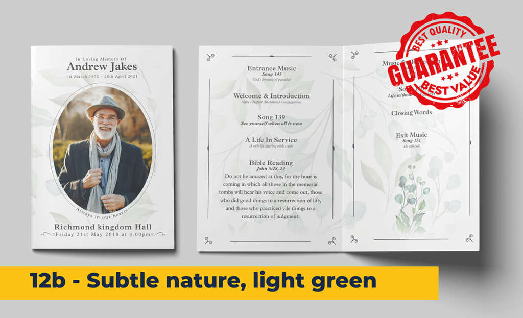 light green foliage style background funeral order of service template