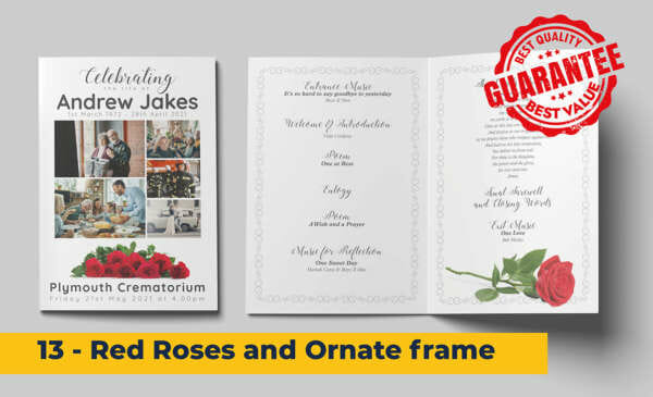 red roses and multiple images single red rose intricate frame background funeral order of service template
