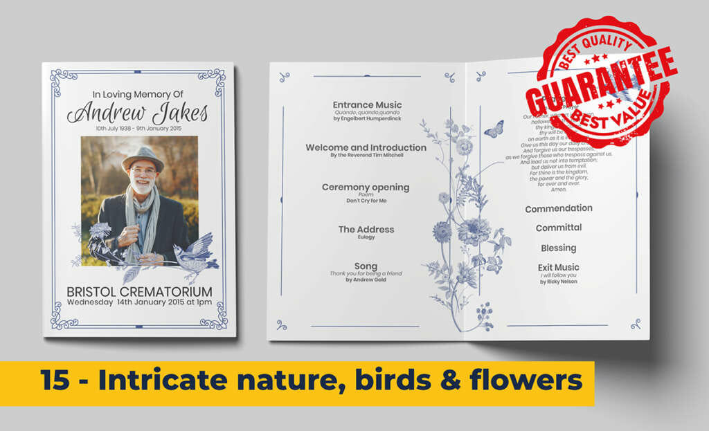 Fine blue line detail foliage, butterfly and flower design funeral order of service template