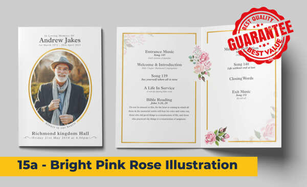Gold and floral design, pink flowers, rose funeral order of service template