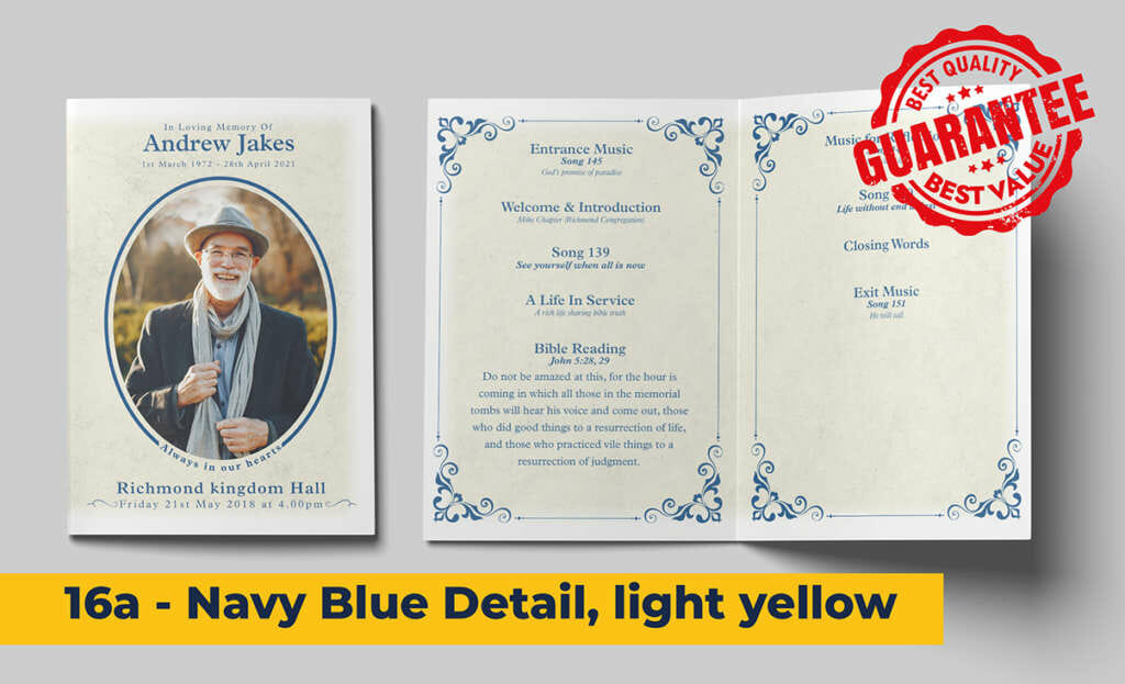 Navy blue detail and light cream background with subtle texture funeral order of service template